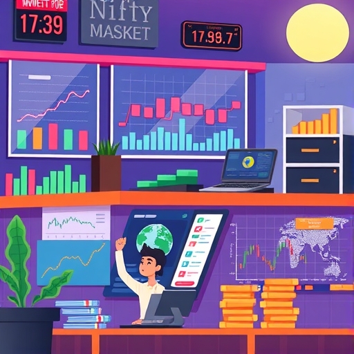 一位投資者正在分析 Nifty50 指數的趨勢，背景顯示財務數據