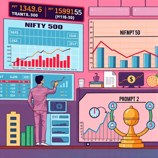 生動的股票市場場景，展示了 Nifty50 指數及其圖表和走勢