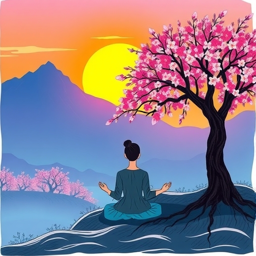 一位在櫻花樹下冥想的人