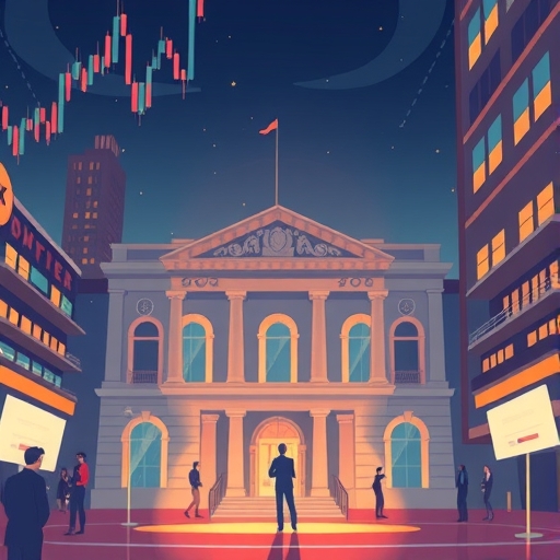 抽象的金融數據流動，伴隨著發光的線條和市場元素。