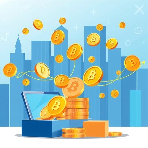 複雜且動態的數位貨幣交易所插圖，包含即時數據視覺化與區塊鏈技術元素。