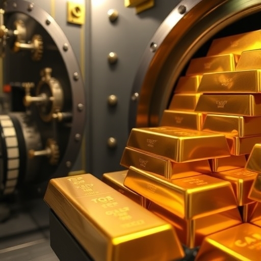 堆疊在銀行金庫中的金條