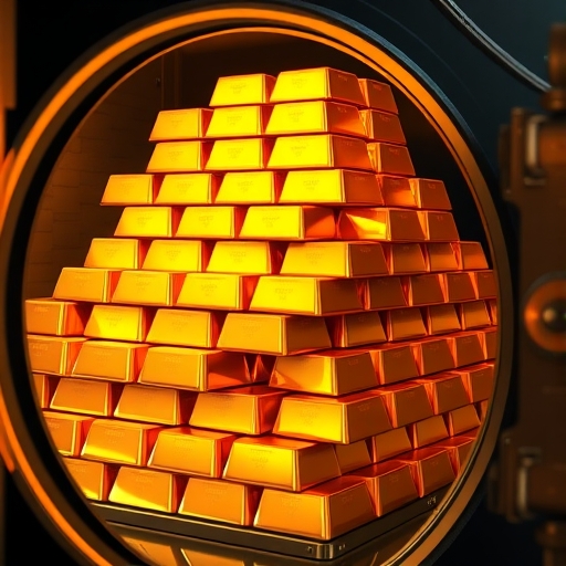 堆疊在銀行金庫中的金條