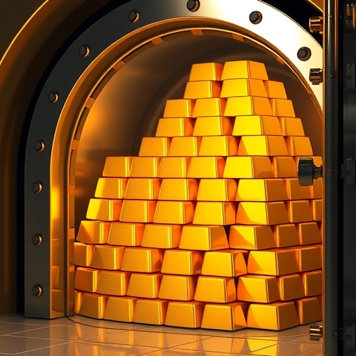 堆疊在銀行金庫中的金條