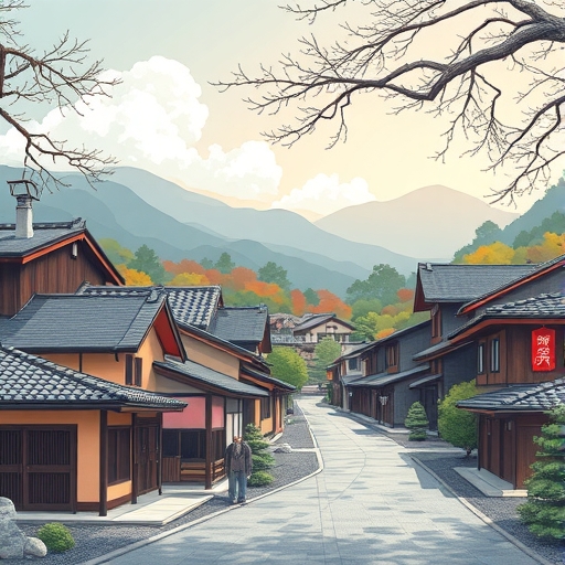 傳統日本村莊的插畫