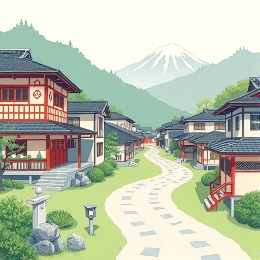 傳統日本村莊的插畫