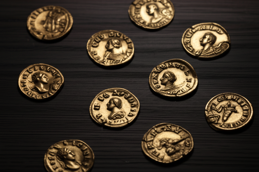 古代金幣散落在桌上，展現黃金作為歷史貨幣的深厚淵源