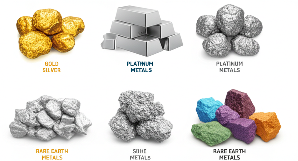 illustration of distinct clusters of precious metals like gold silver platinum and palladium contrasted with rare metals like lithium and rare earth elements with a special focus on shimmering platinum group metals