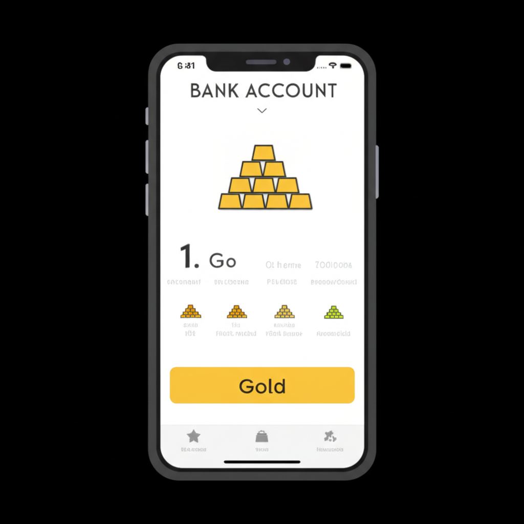 黃金存摺數位帳戶介面顯示黃金數量以公克或盎司計,伴隨金條圖示代表紙黃金概念