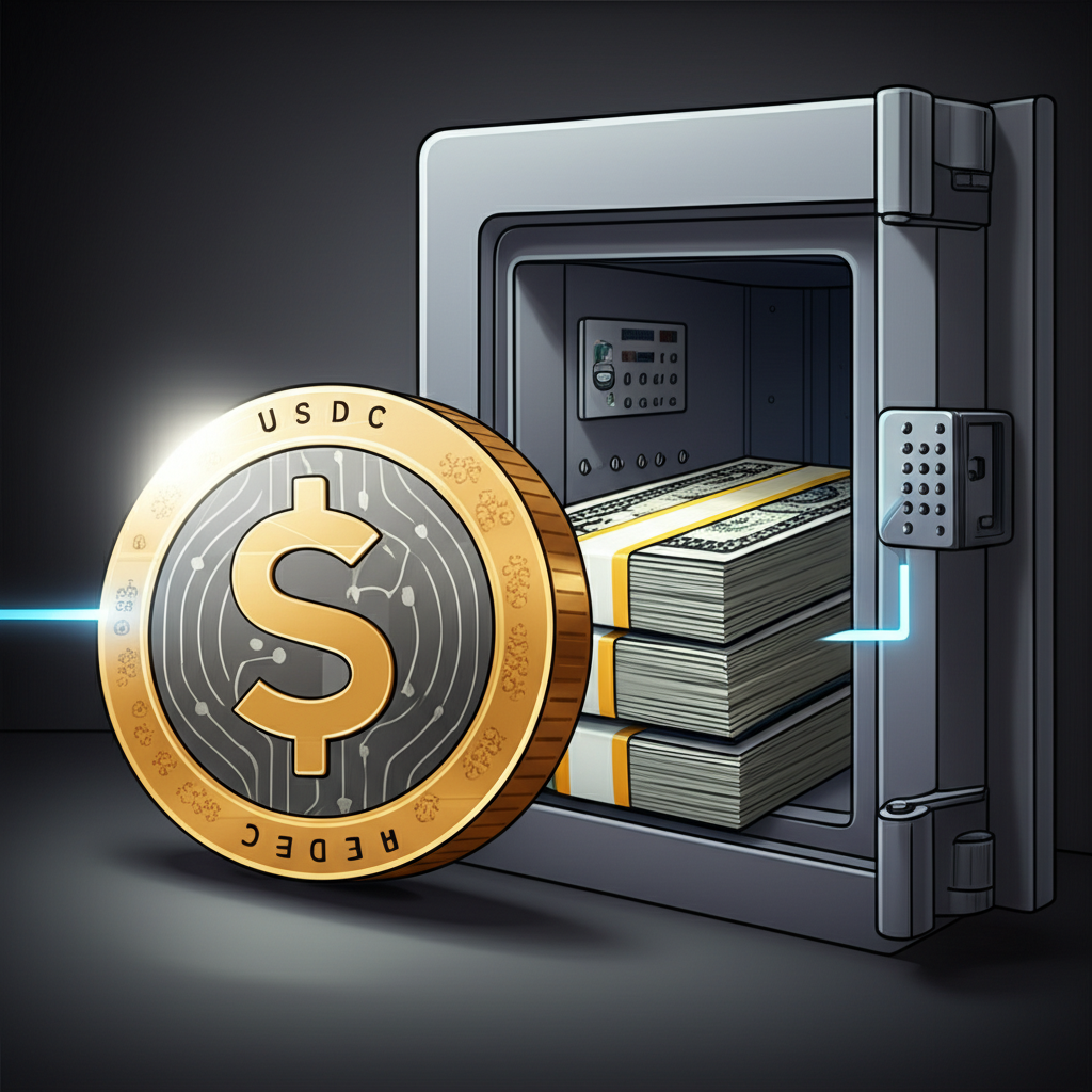 An illustration of a digital coin labeled USDC with a dollar sign linked to a stack of physical dollar bills inside a secure bank vault representing its 1:1 peg to the US dollar and its centralized nature