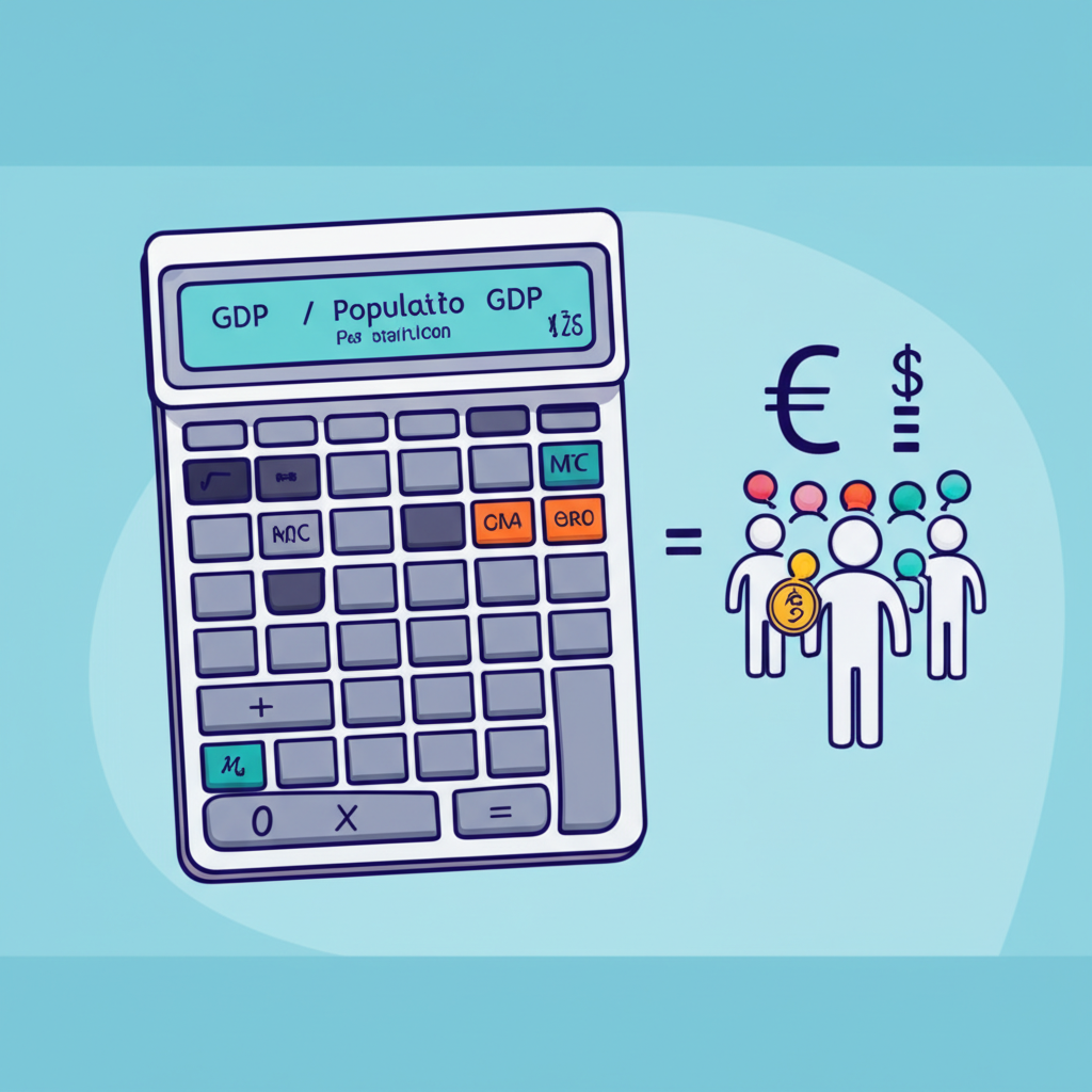 大型計算器顯示 GDP 除以人口等於人均 GDP 的除法公式,伴隨貨幣符號和人群圖示