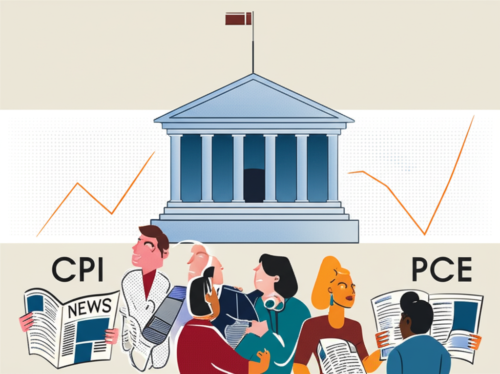 CPI 和 PCE 通膨趨勢圖表與中央銀行建築背景,象徵貨幣政策決策與人們關注金融新聞
