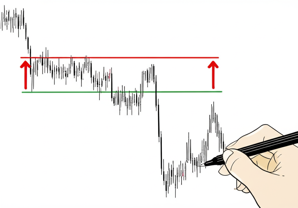 K線圖中頸線作為支撐與壓力的圖解，顯示價格向上與向下運動