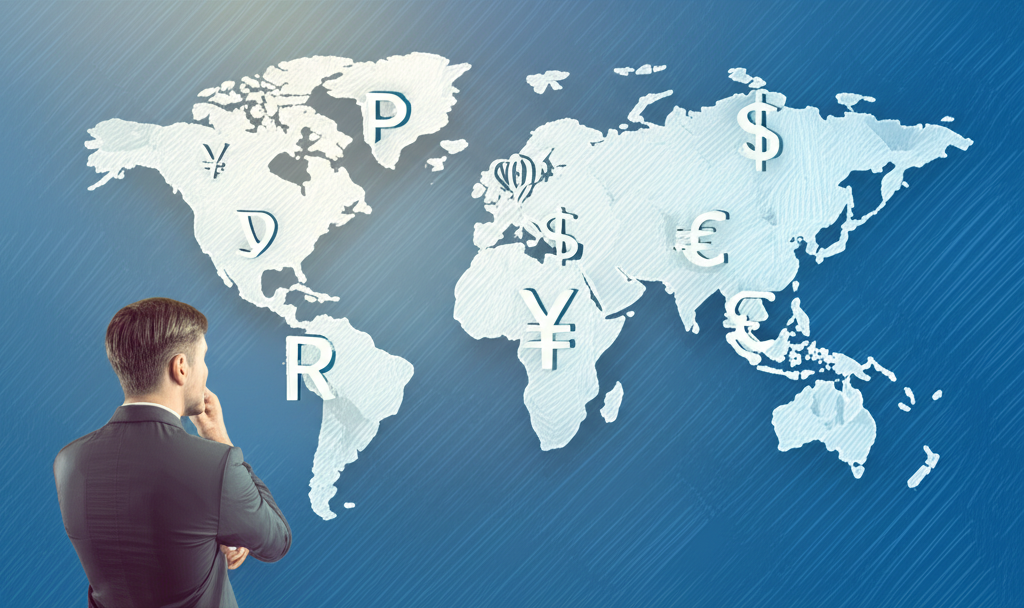 一位投資者在世界地圖前沉思,地圖上標註人民幣和<a href=