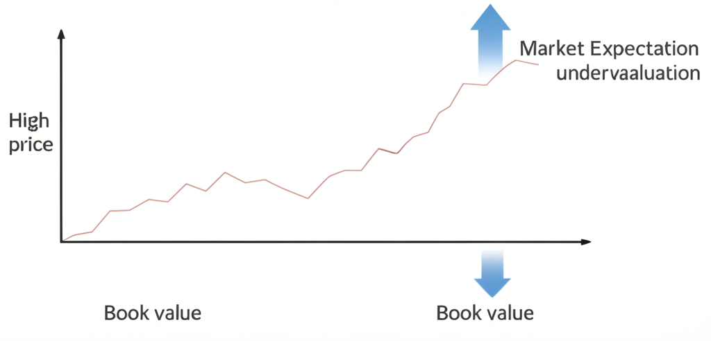 股價走勢圖示意,高股價超過淨值代表市場樂觀,低股價低於淨值顯示潛在低估機會