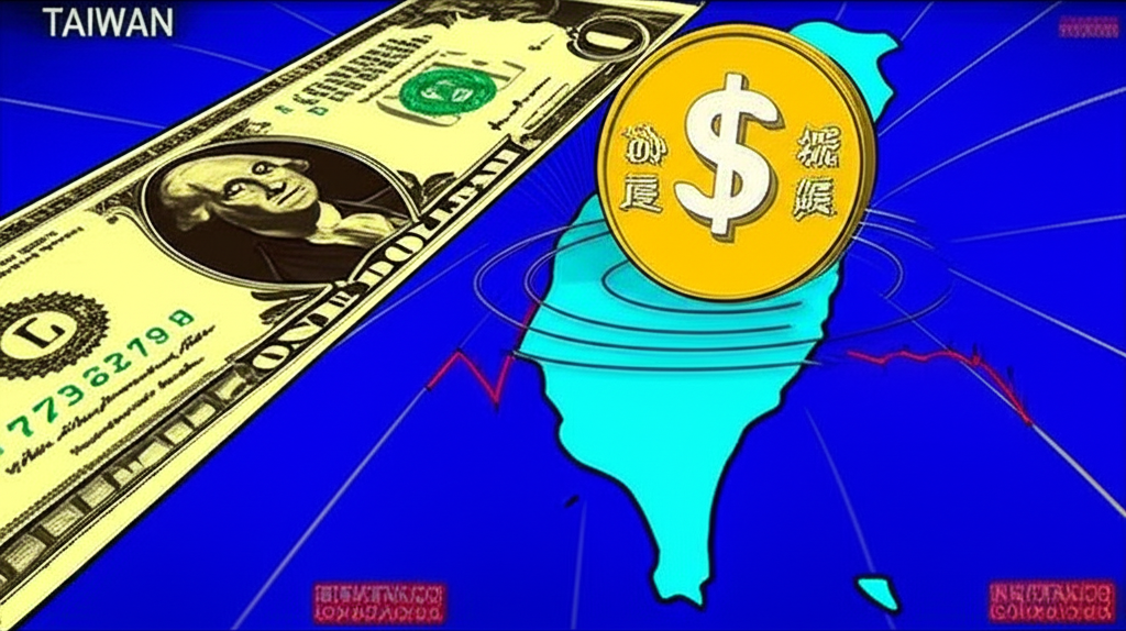 巨型美元壓低台幣幣值,引發台灣股市與房價波動的示意圖