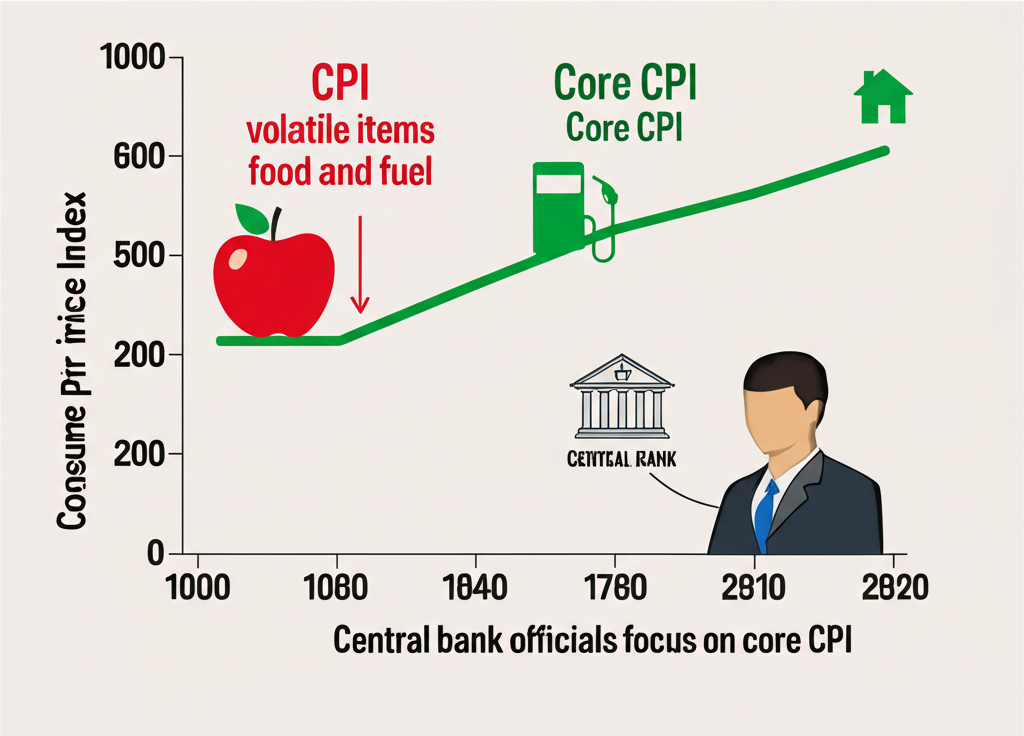 量尺插圖顯示CPI包含波動項目如食品與燃料,核心CPI呈現平穩黏性通膨趨勢如住房與醫療,央行官員聚焦核心CPI