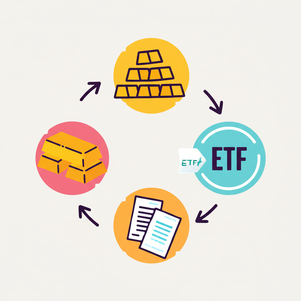 An illustration depicting different investment options for precious metals including physical gold bars stock certificates representing precious metal companies and an ETF icon with arrows showing market liquidity
