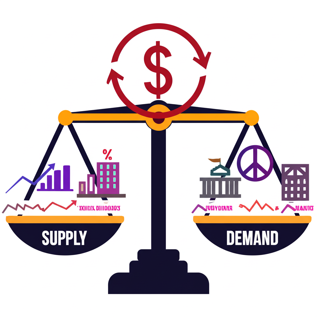 貨幣匯率供需影響因素平衡圖，經濟數據、利率、貿易平衡和政治穩定等圖示影響動態貨幣符號