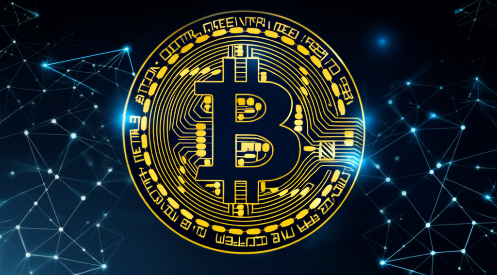 An illustration of a decentralized digital currency network with interconnected nodes and a prominent Bitcoin symbol representing its core concept and scarcity limit