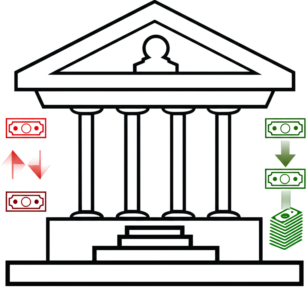 聯準會建築插圖，箭頭顯示利率升降變化，伴隨量化寬鬆與緊縮符號影響美元價值的圖像