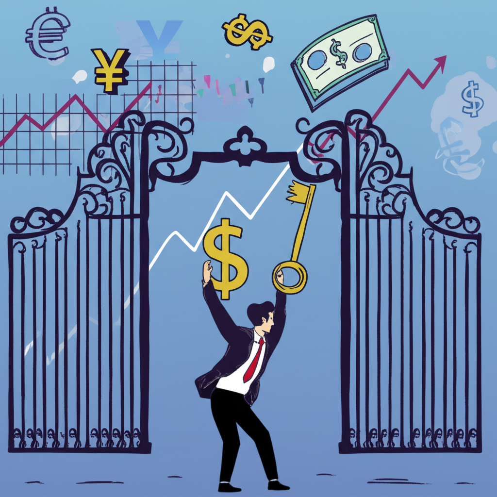 權證如鑰匙開啟金融市場大門的圖示,象徵投資機會