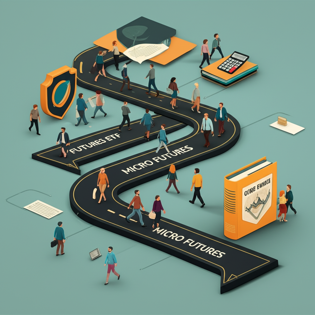 投資路徑圖,期貨、ETF與微型期貨不同路線通往財務成功,包含計算器、風險盾牌與指南書,新舊交易者同行