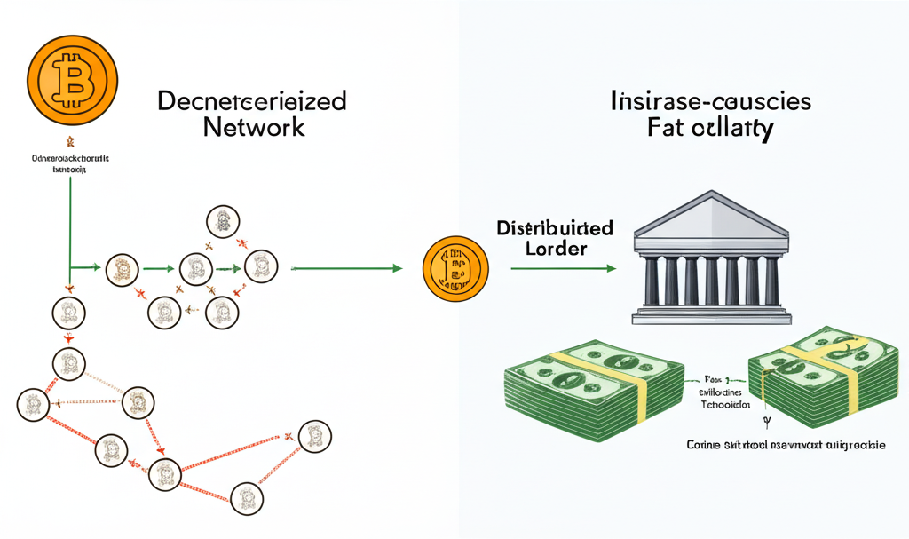 比特幣與傳統法定貨幣對比圖示,展示去中心化網路對中央銀行的差異,包括發行、管理和交易方式