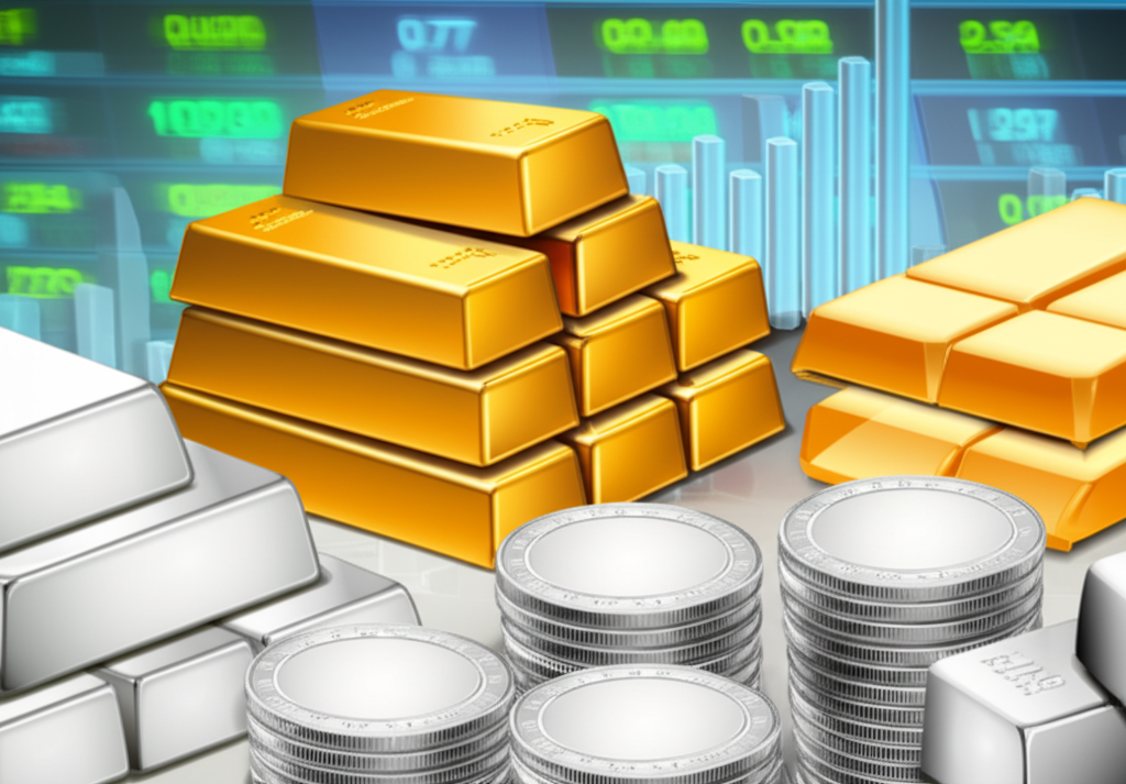 An illustration of various precious metals like gold bars silver coins platinum and palladium in a financial market setting symbolizing wealth storage and safe haven investment against a backdrop of global economic uncertainty