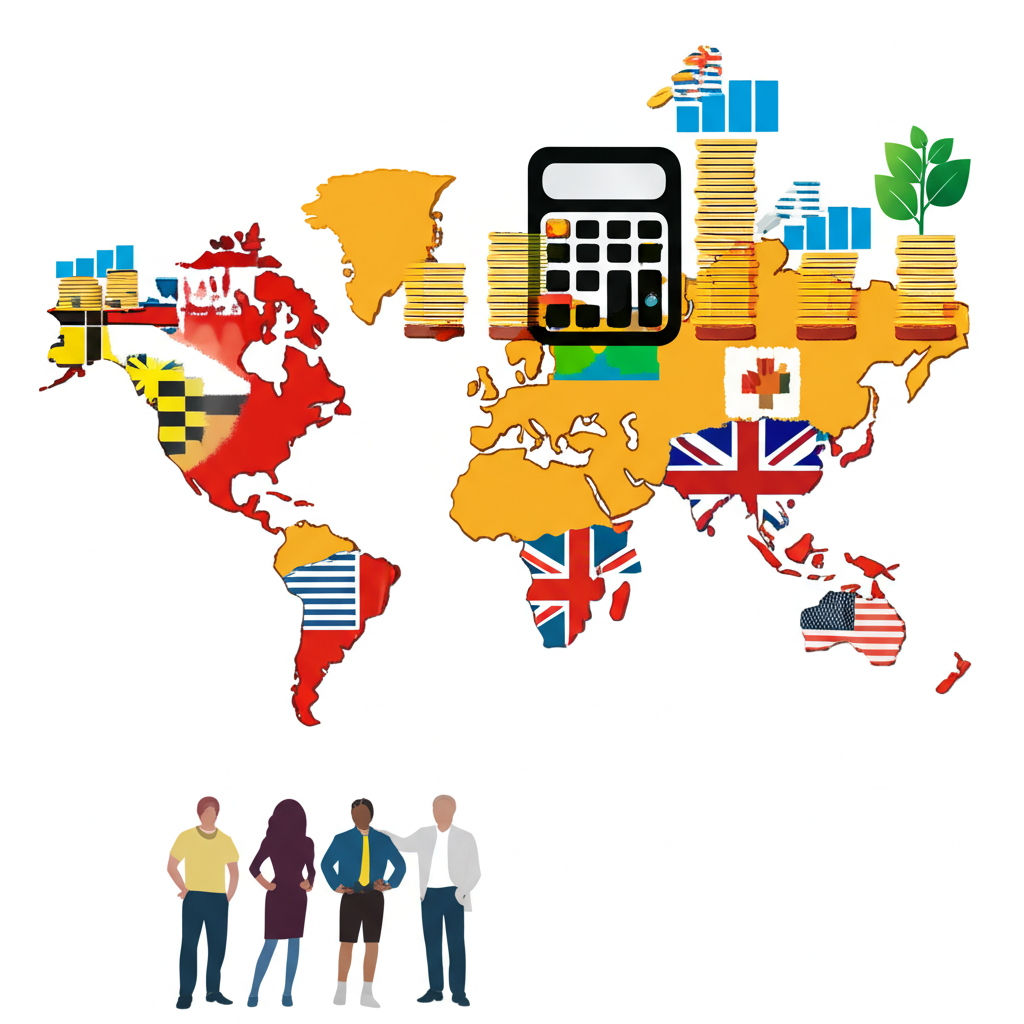 世界地圖顯示各國經濟繁榮水平,以堆疊金幣或條形圖表示,並包含計算器圖示和小群多元人群