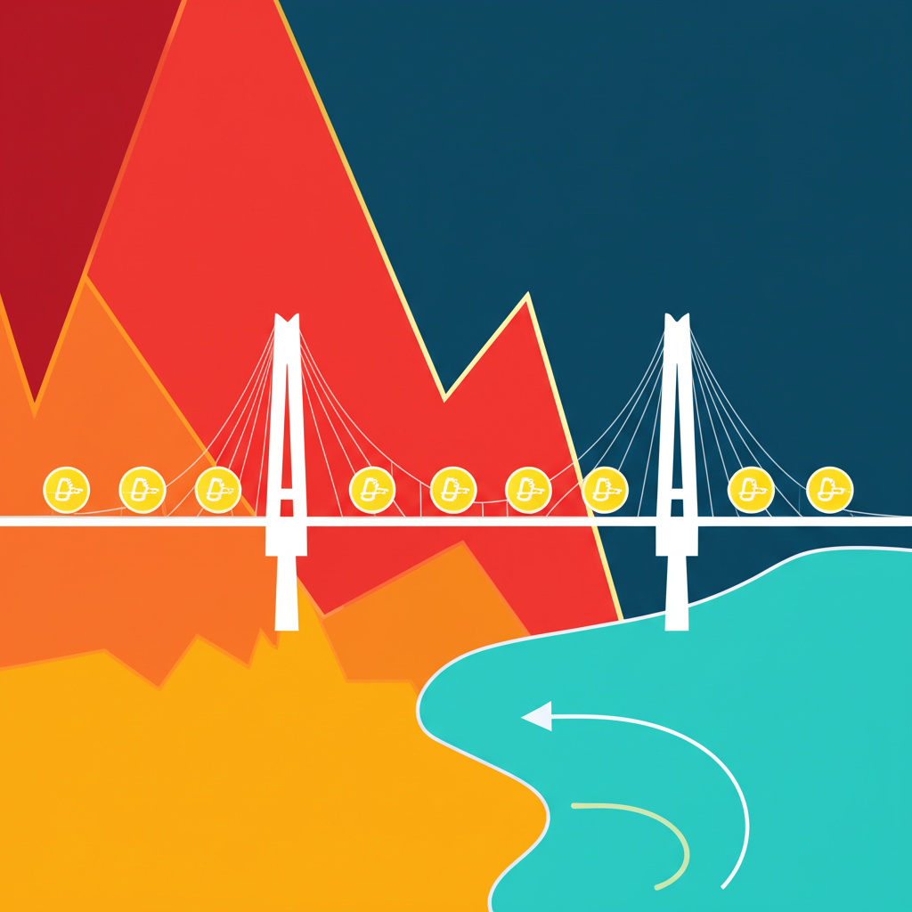 An illustration of a bridge connecting a volatile crypto market jagged lines to a stable financial landscape smooth lines with USDC coins flowing across symbolizing its role in mitigating volatility and enabling global payments and DeFi