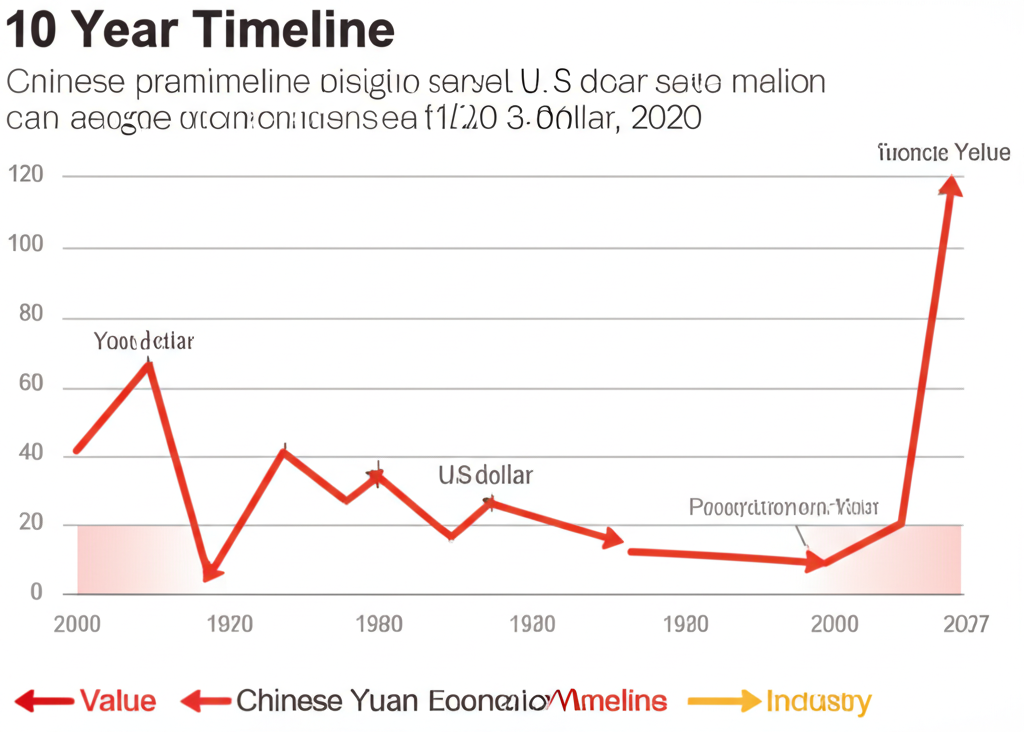 人民幣兌美元十年走勢圖表的插圖,顯示波動曲線、關鍵經濟事件和政策變化,用箭頭標示升降趨勢