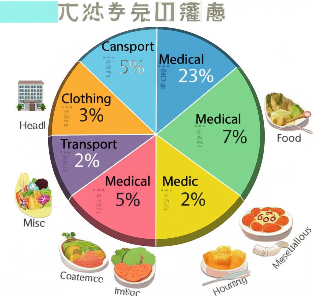 台灣消費者物價指數七大類別權重分解插圖,包括食物、服裝、住房、交通、醫療、教育和其他類別