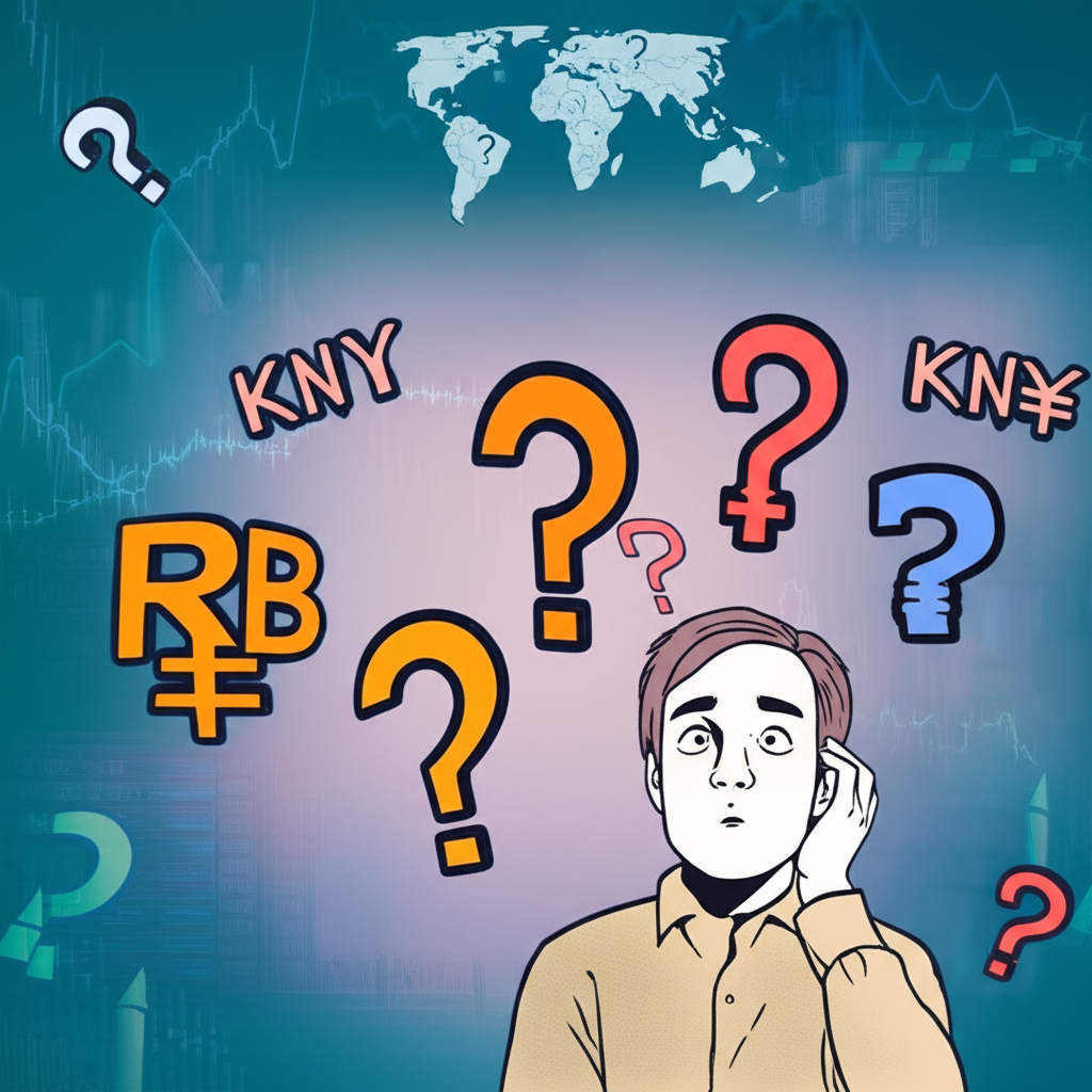 一位困惑的人注視著RMB、CNY、CNH三種貨幣符號,周圍飄浮著問號,背景為全球金融市場,象徵其身份的謎團