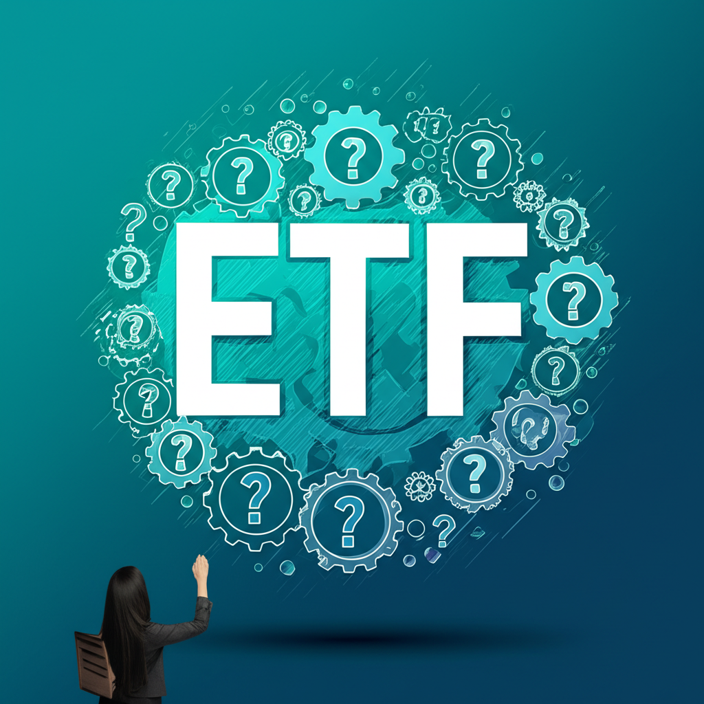 ETF縮寫醒目顯示,周圍環繞問號與齒輪,象徵其流行與定義運作的神秘,前景中一人專注觀察核心概念