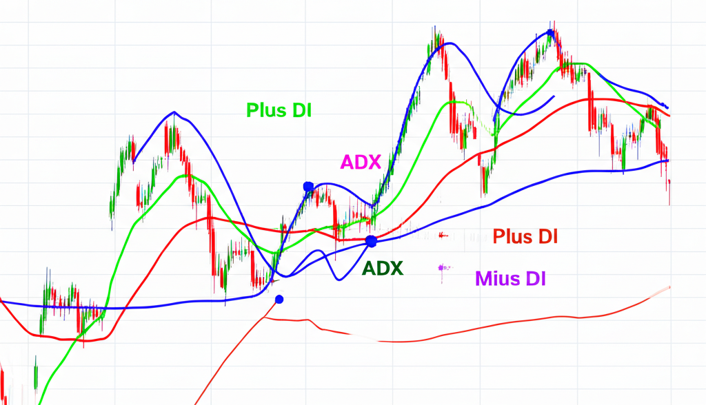DMI指標四條線+DI、-DI、ADX和ADXR在圖表上的視覺化交織