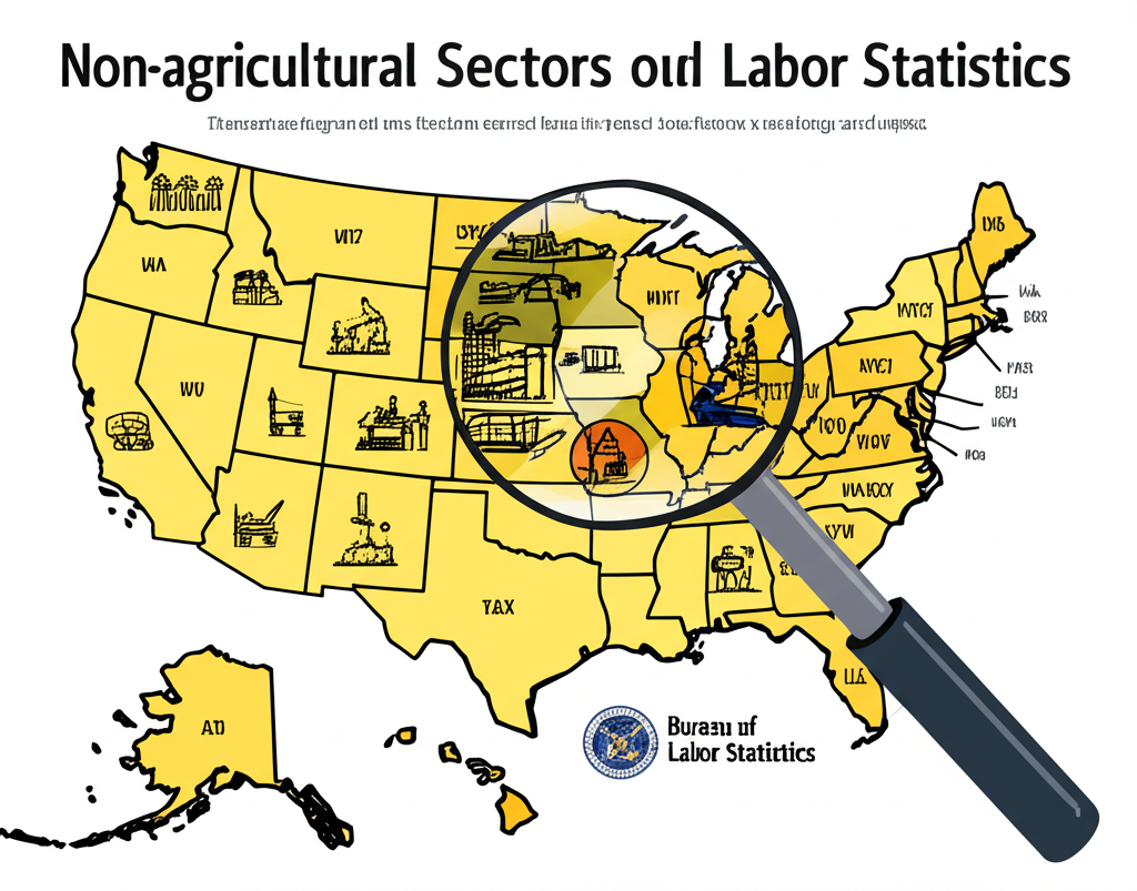 美國勞動力市場圖示,顯示非農業產業工人與勞工統計局標誌,強調私人企業就業狀況