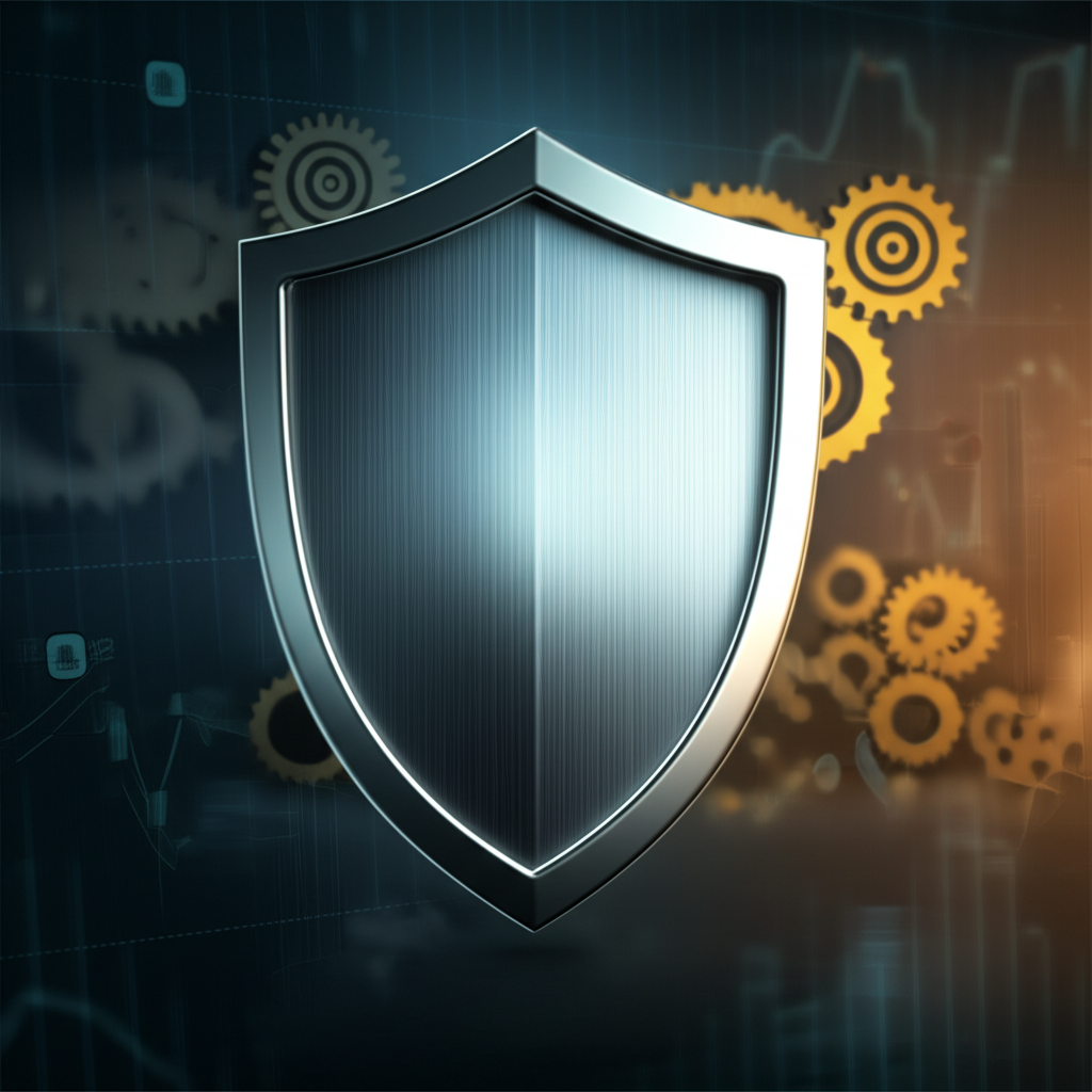 FINRA 作為保護盾牌,守護投資者在複雜金融市場中的權益,背景包含齒輪和圖表象徵市場完整性