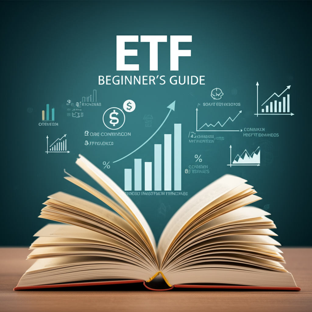 一本標題為ETF新手指南的開放書籍,從中浮現各種金融符號與圖表,代表核心概念、運作、優缺點、股票比較、購買方法、盈利來源及投資原則