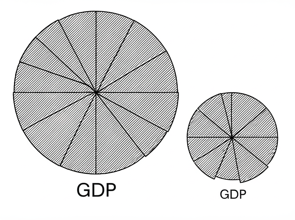 GDP 餅圖顯示不平等分配,大餅代表總 GDP,分成大小不一的片段,反映高人口國家的人均分配差異