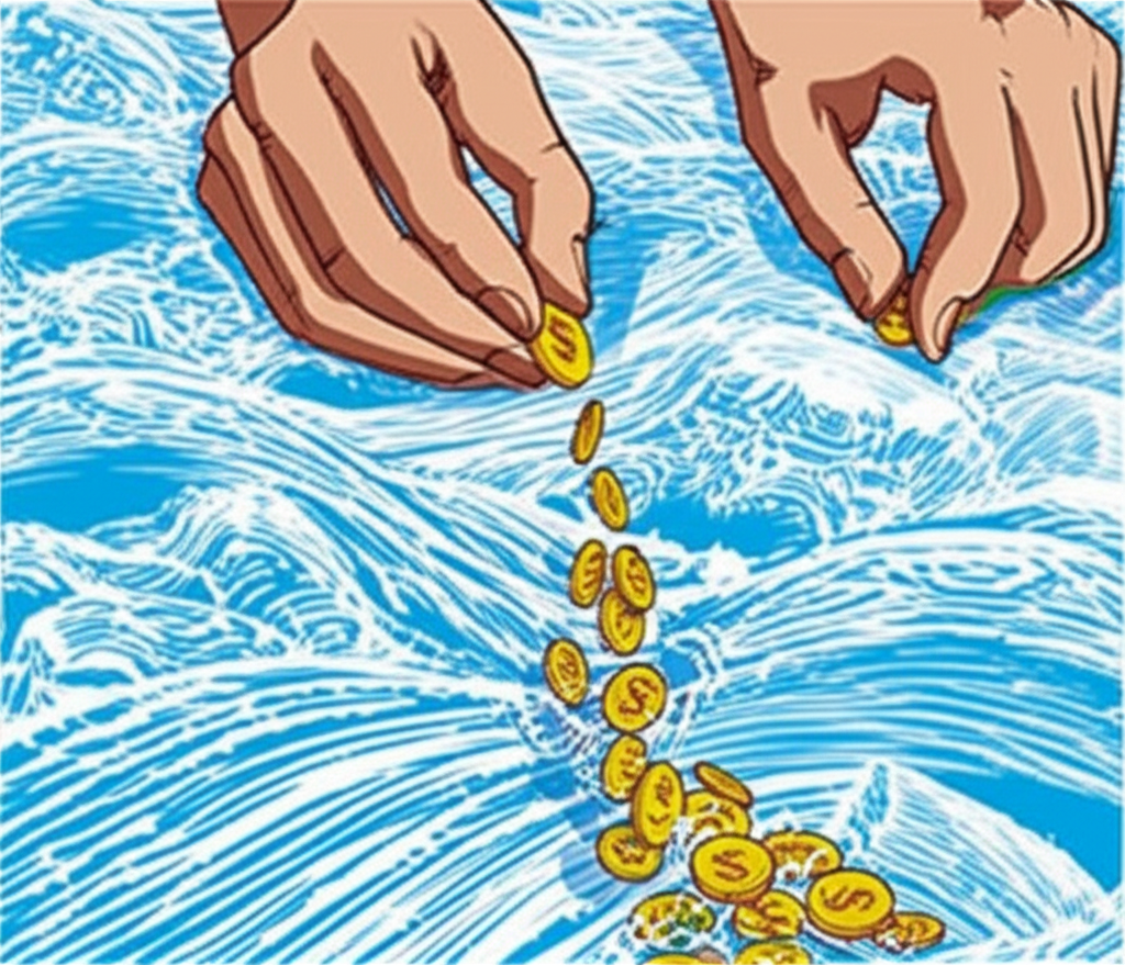 雙手從流動的河流中迅速撿拾小硬幣，象徵從市場波動中收集微小利潤
