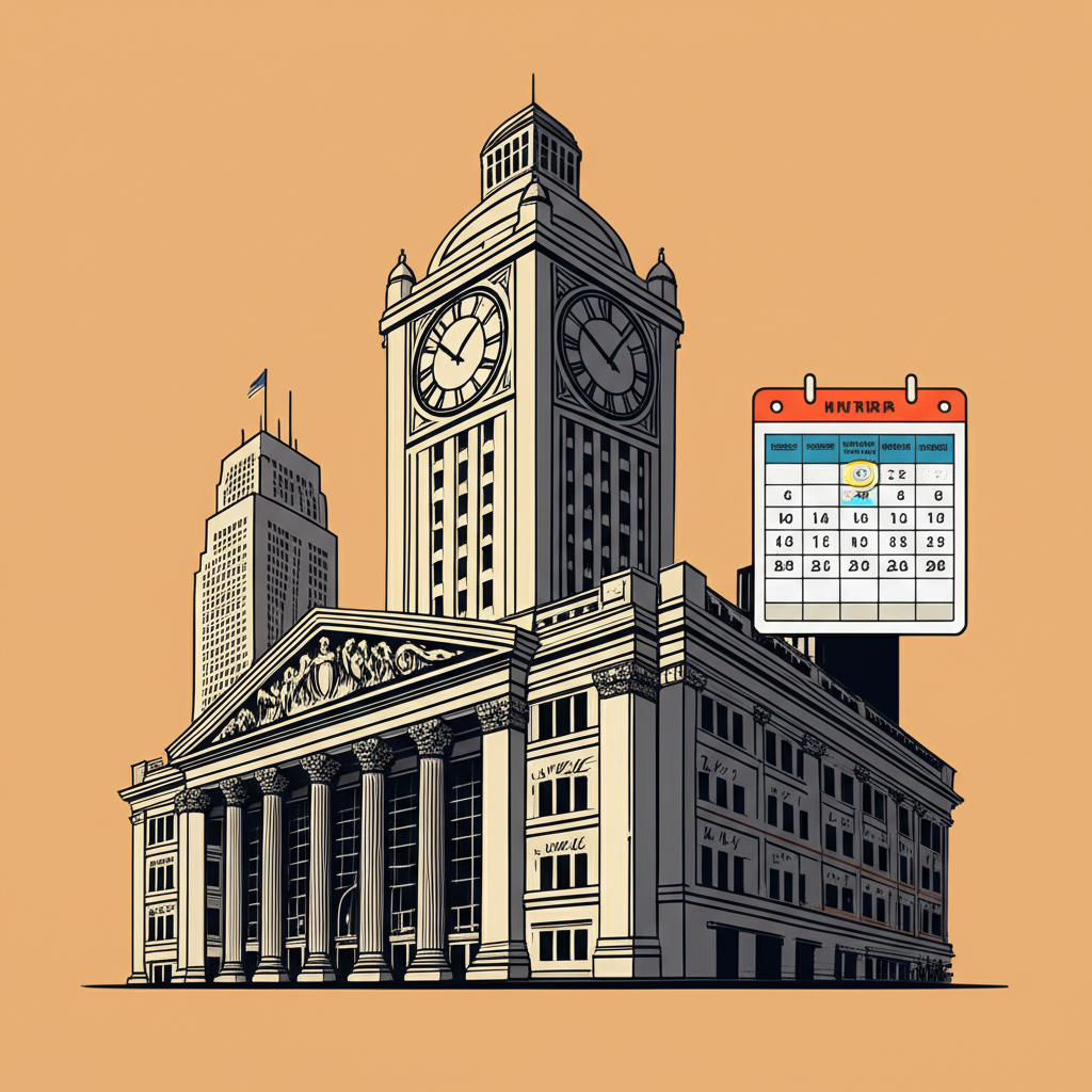 NYMEX建築插圖，時鐘塔顯示美東時間與日光節約時間變更曆