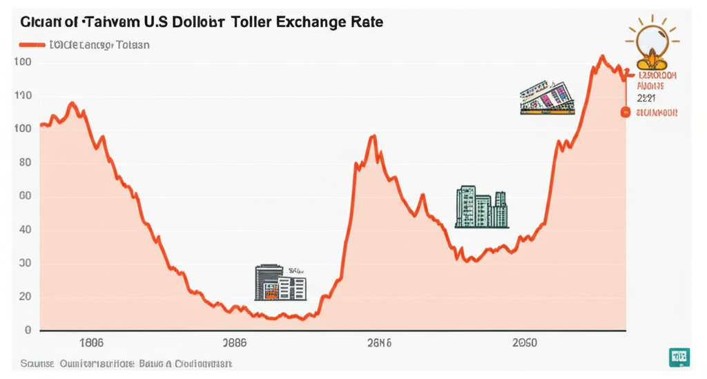 美金兌台幣歷史匯率時間軸,標註1990年代、2011年及2020年的低點與經濟事件圖示