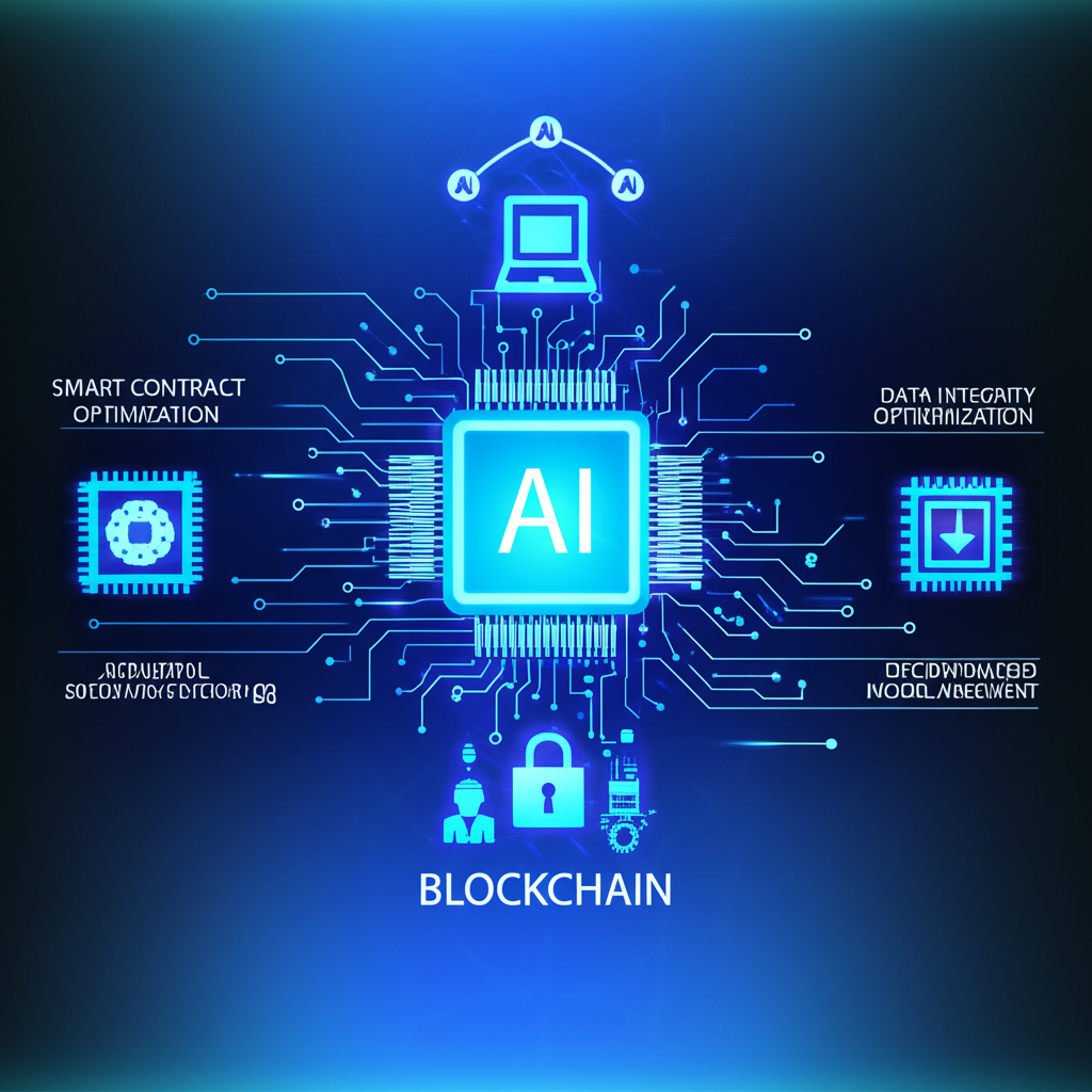An illustration of AI enhancing blockchain with smart contract optimization and security monitoring while blockchain empowers AI with data integrity and decentralized model management showing a symbiotic relationship