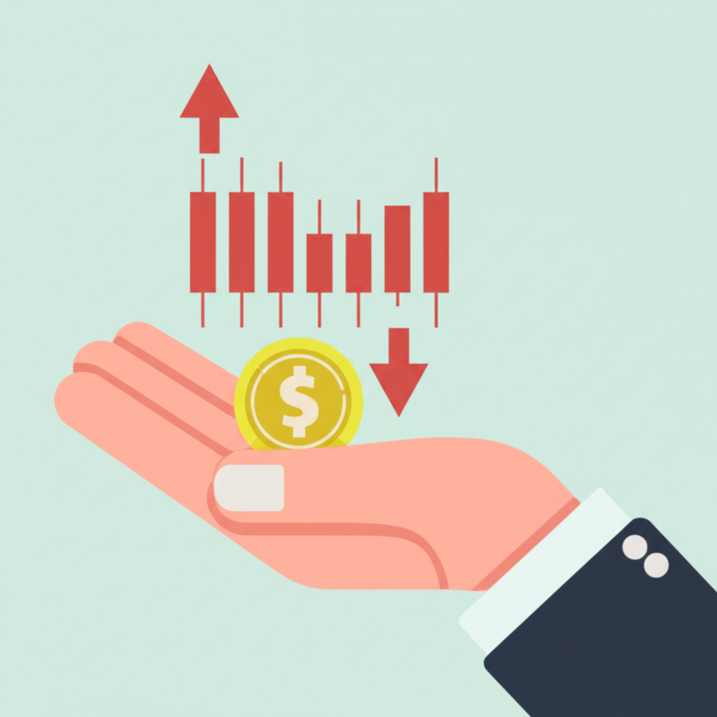 小型台指期貨保證金的市場波動圖示，顯示向上與向下箭頭代表波動性，以及手持小幣象徵投資者保證金