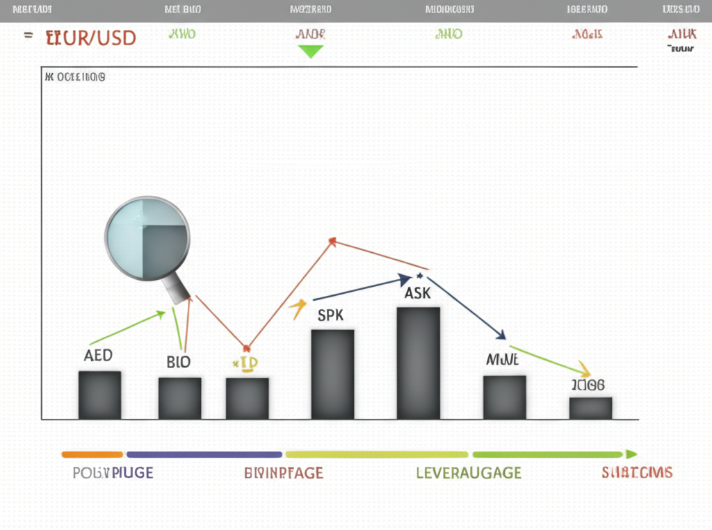 交易介面插圖,顯示EUR/USD貨幣對、買賣價、點差放大鏡和槓桿視覺化