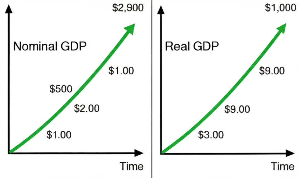 名目 GDP 與實質 GDP 對比圖,展示通貨膨脹對經濟成長的影響