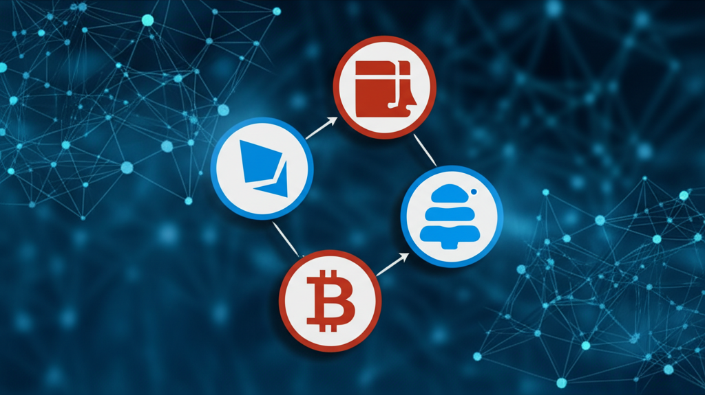 去中心化交易所 DEX 示意圖，展示區塊鏈網路背景與用戶透過智能合約直接交換代幣