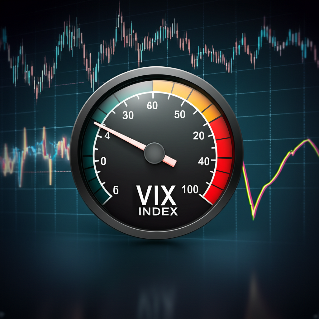 VIX 恐慌指數儀表板與 S&P 500 股市圖表背景,顯示波動與不確定性