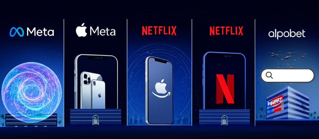 FAANG 五大科技公司總部圖像,展示 Meta、Apple、Amazon、Netflix 和 Alphabet 的核心業務元素如元宇宙入口、智慧手機、遞送無人機、串流螢幕和搜尋列